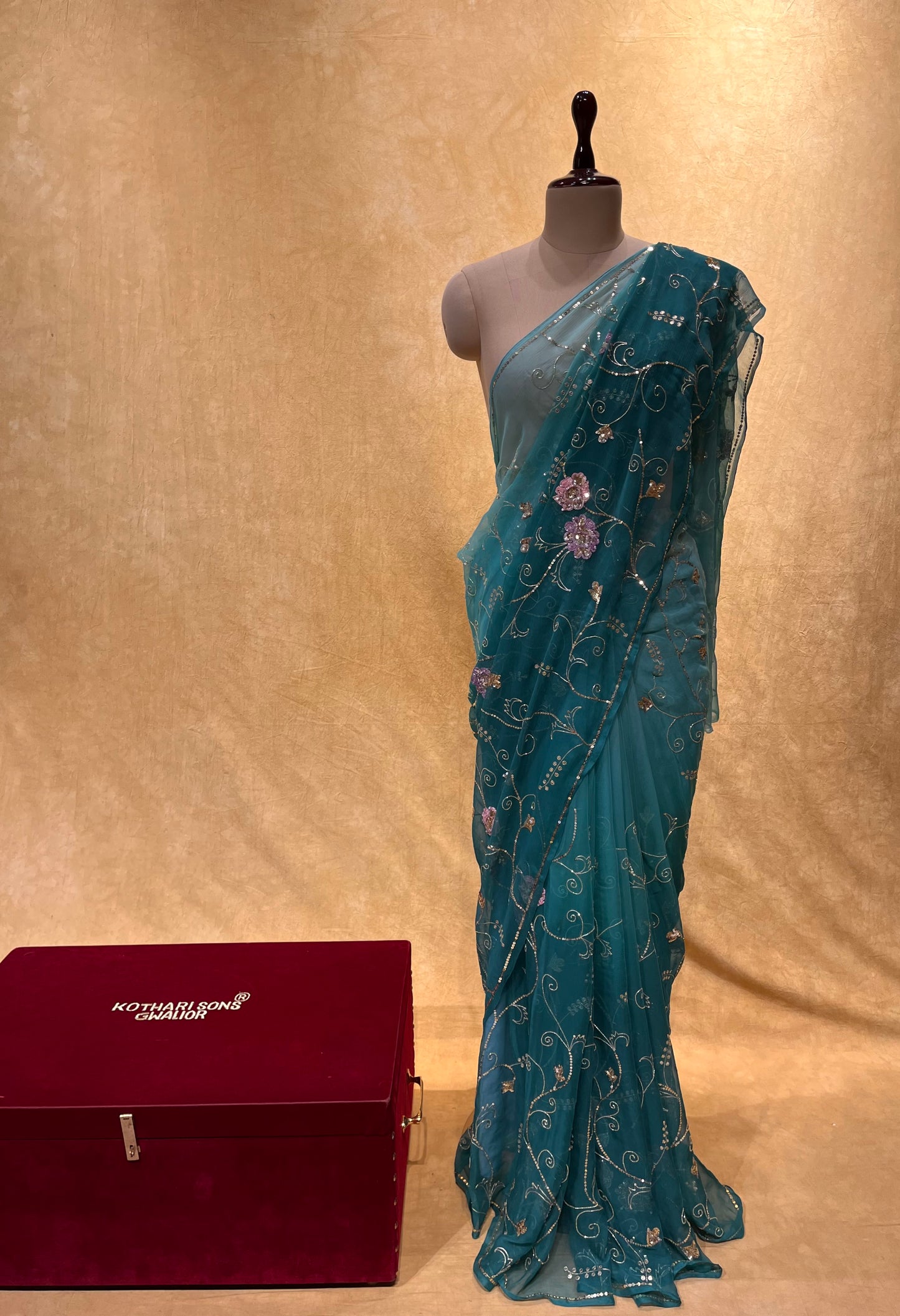 TEAL BLUE SHADED PURE CHIFFON HAND EMBROIDERED SAREE EMBELLISHED WITH SEQUINS & CUTDANA WORK