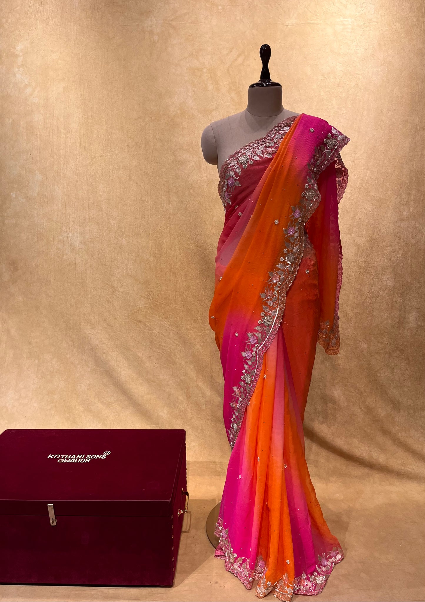 ( DELIVERY IN 25 DAYS ) SHADED PURE CHIFFON HAND EMBROIDERED SAREE EMBELLISHED WITH AARI, SEQUINS & PEARL WORK