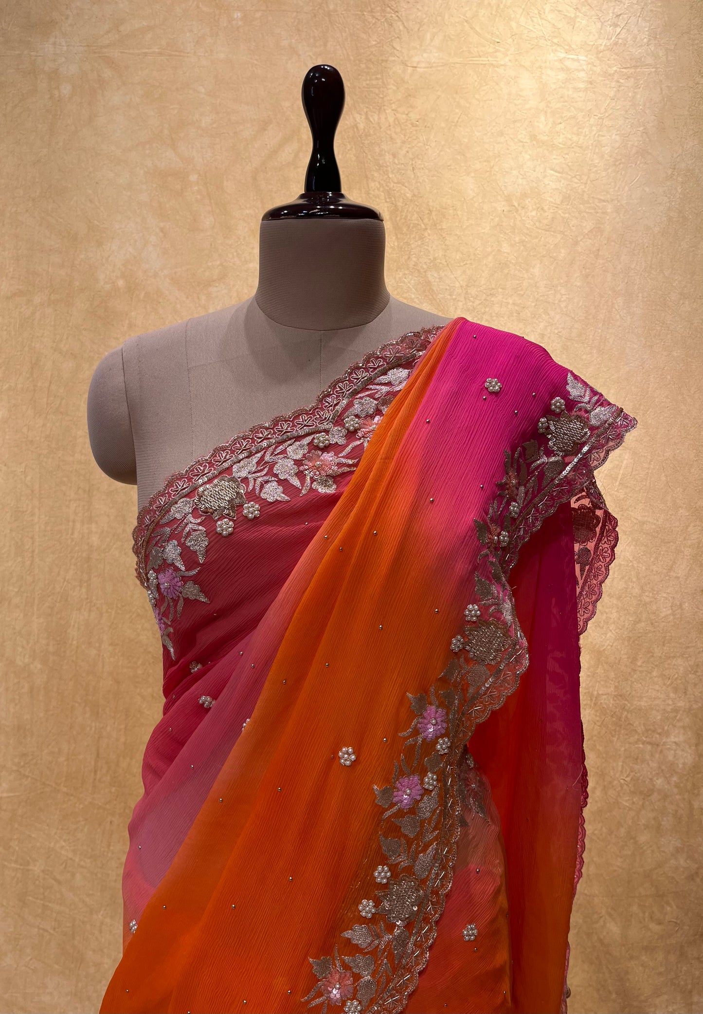 ( DELIVERY IN 25 DAYS ) SHADED PURE CHIFFON HAND EMBROIDERED SAREE EMBELLISHED WITH AARI, SEQUINS & PEARL WORK