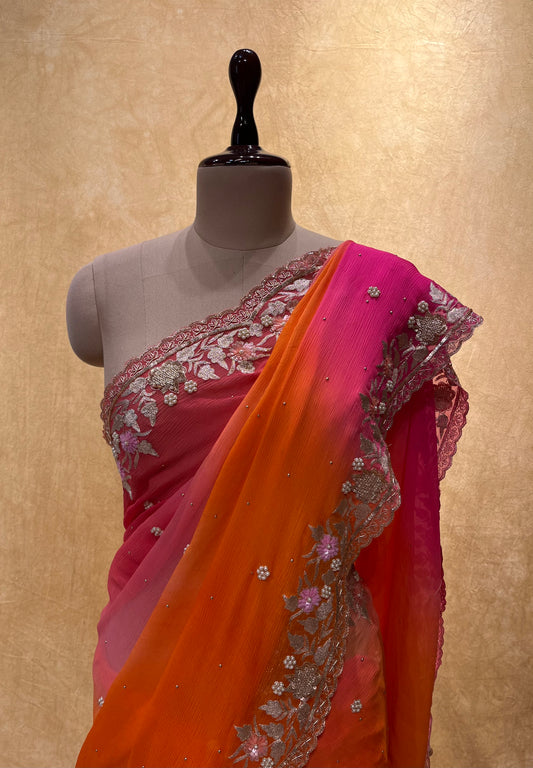 ( DELIVERY IN 25 DAYS ) SHADED PURE CHIFFON HAND EMBROIDERED SAREE EMBELLISHED WITH AARI, SEQUINS & PEARL WORK