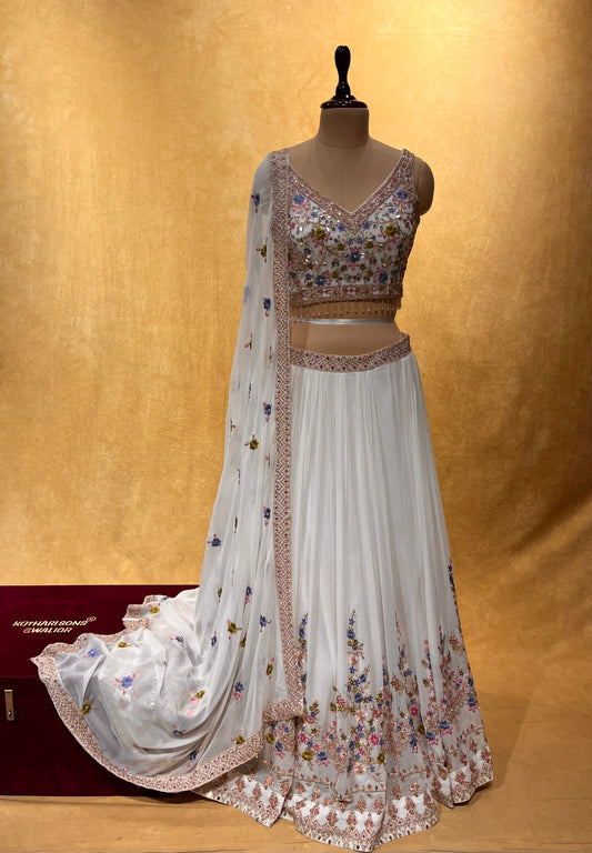 WHITE COLOUR GEORGETTE LEHENGA WITH CROP TOP BLOUSE EMBELLISHED WITH THREAD, SEQUINS & BEADS WORK
