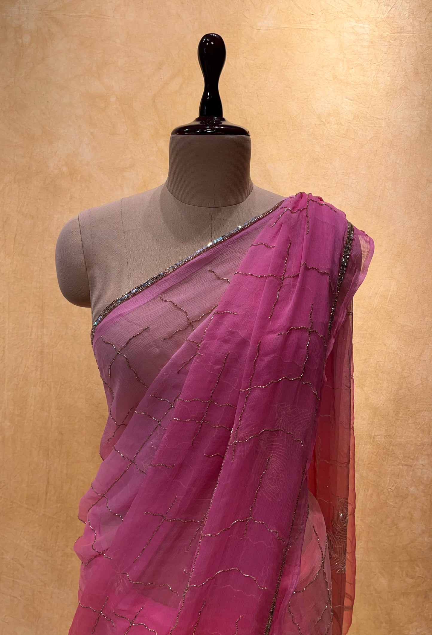 PINK SHADED CHIFFON HAND EMBROIDERED SAREE EMBELLISHED WITH CUTDANA WORK