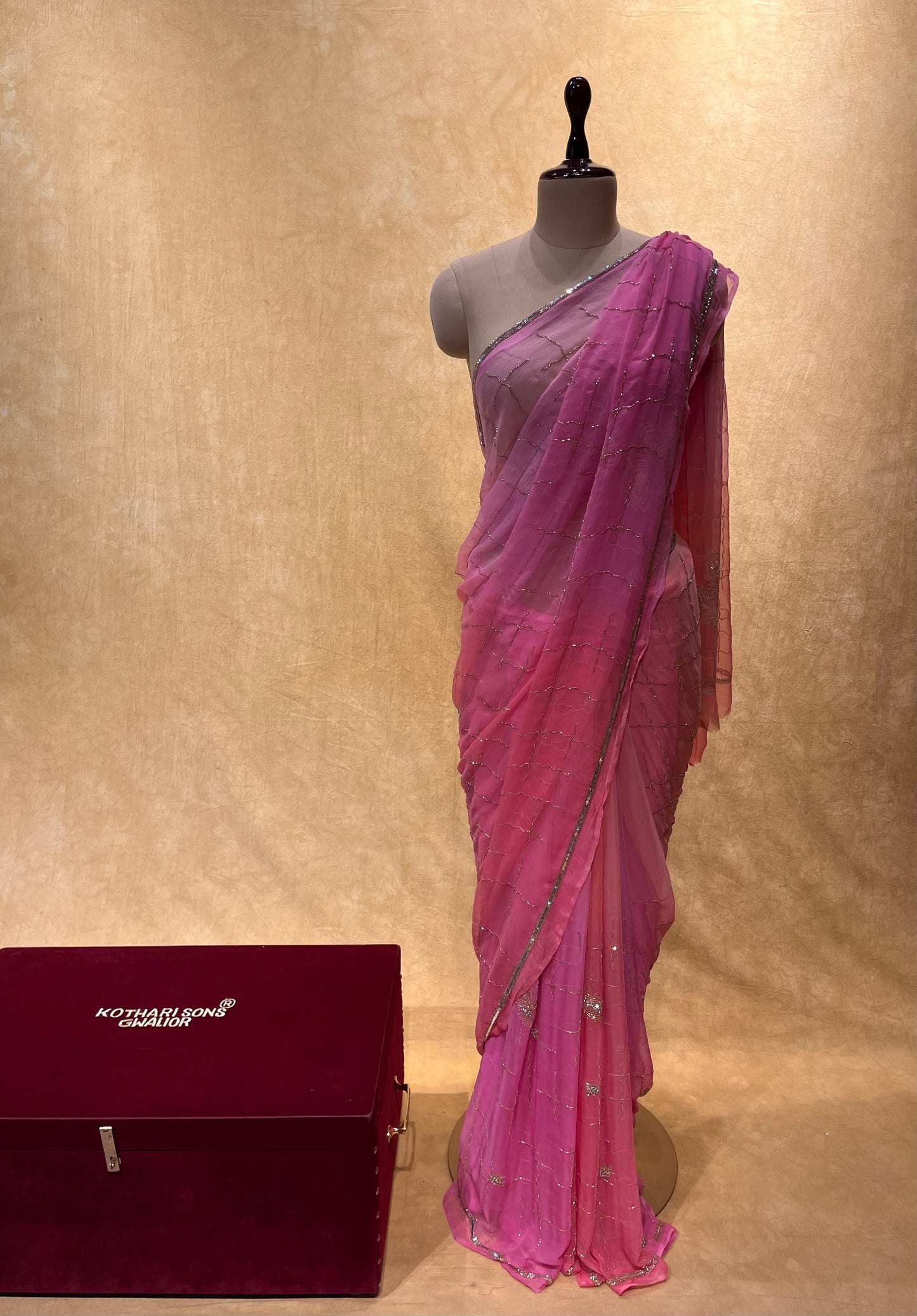 PINK SHADED CHIFFON HAND EMBROIDERED SAREE EMBELLISHED WITH CUTDANA WORK