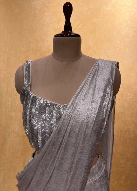 ( DELIVERY IN 25 DAYS ) SILVER FOIL LYCRA READYMADE SAREE WITH DESIGNER CROP TOP BLOUSE EMBELLISHED WITH CUTDANA WORK