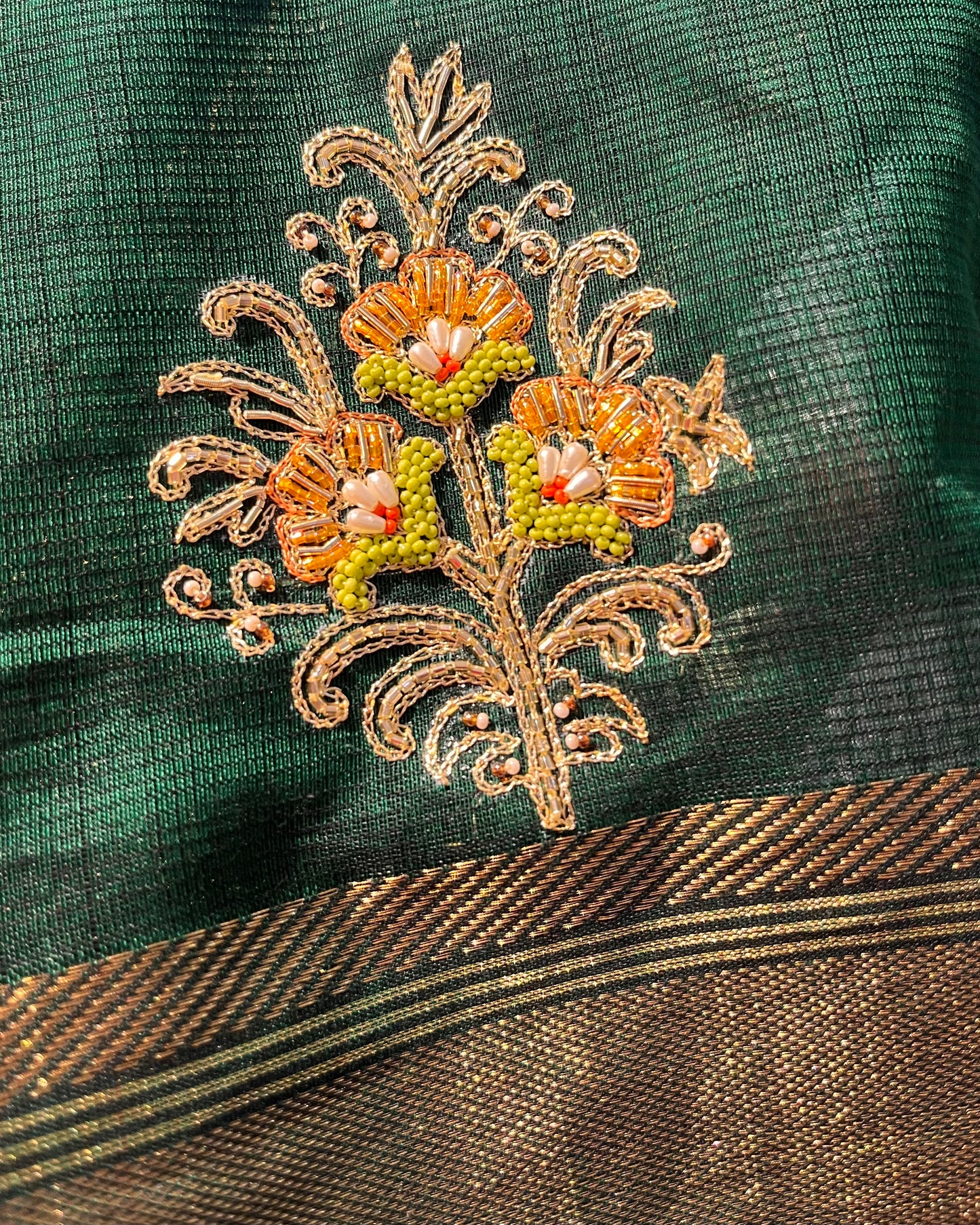 BOTLE GREEN COLOUR MAHESHWARI HAND EMBROIDERED SAREE EMBELLISHED WITH CUTDANA & BEADS WORK