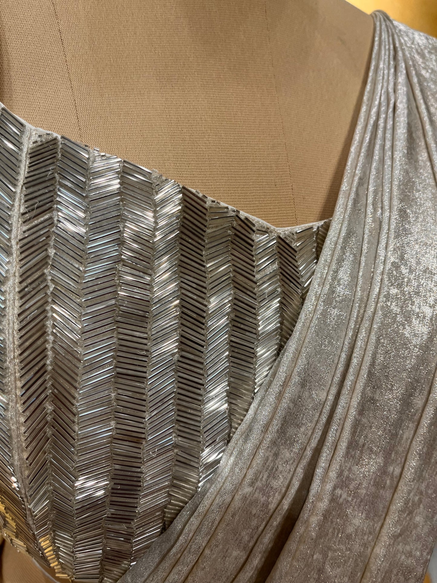 SILVER FOIL LYCRA READYMADE SAREE WITH DESIGNER CROP TOP BLOUSE EMBELLISHED WITH CUTDANA WORK