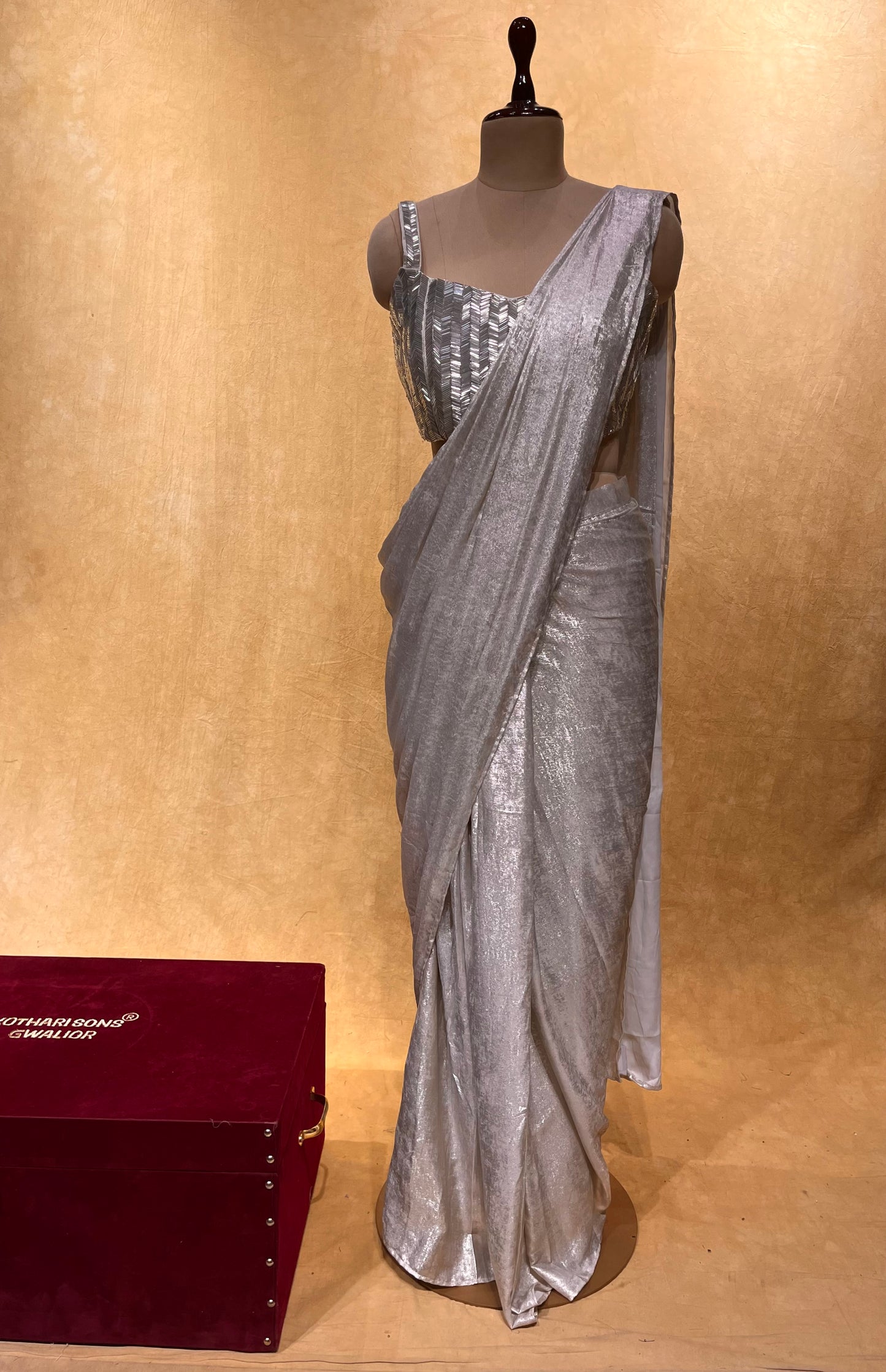 SILVER FOIL LYCRA READYMADE SAREE WITH DESIGNER CROP TOP BLOUSE EMBELLISHED WITH CUTDANA WORK
