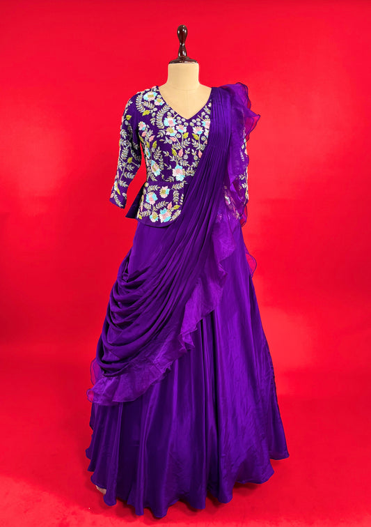 PURPLE COLOUR CREPE SILK INDOWESTERN  EMBROIDERED DRAPE DRESS EMBELLISHED WITH CUTDANA & SEQUINS WORK