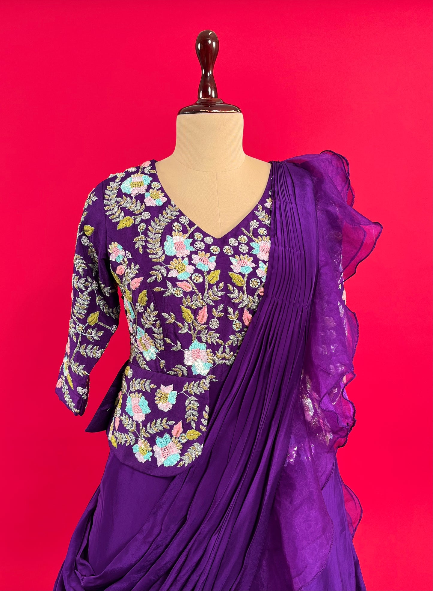 PURPLE COLOUR CREPE SILK INDOWESTERN  EMBROIDERED DRAPE DRESS EMBELLISHED WITH CUTDANA & SEQUINS WORK