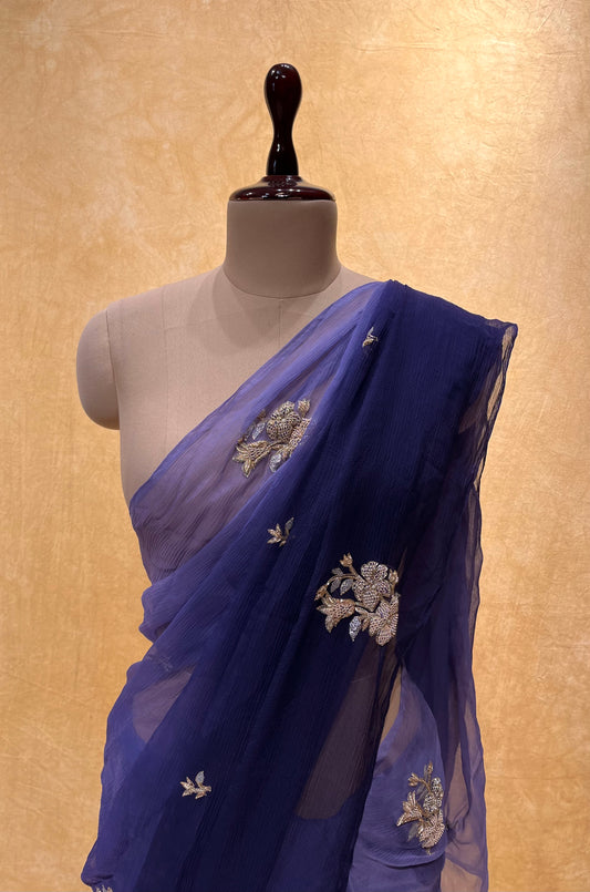 ( DELIVERY IN 25 DAYS ) SHADED PURPLE COLOUR PURE CHIFFON HAND EMBROIDERED SAREE EMBELLISHED WITH ZARDOZI WORK