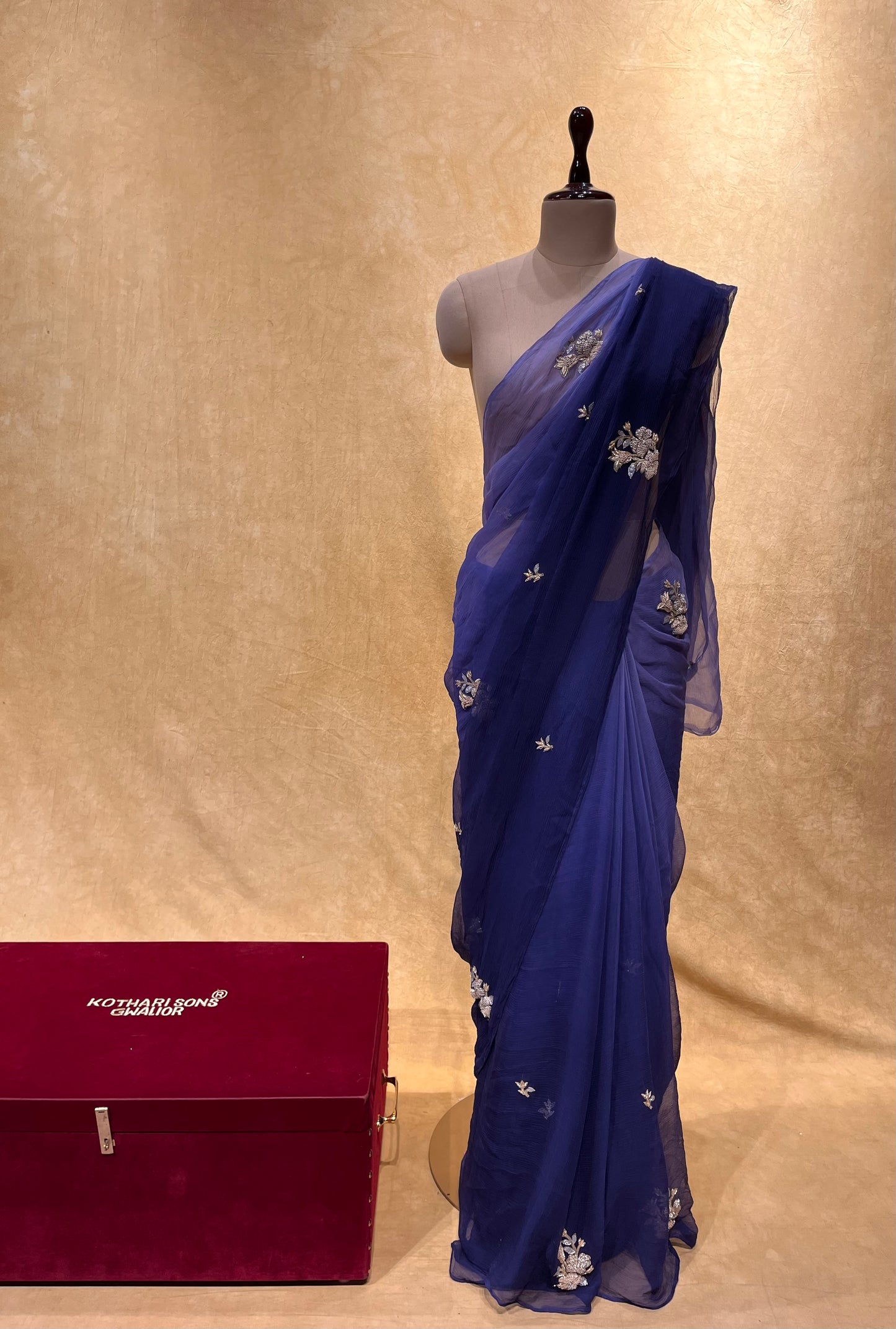 ( DELIVERY IN 25 DAYS ) SHADED PURPLE COLOUR PURE CHIFFON HAND EMBROIDERED SAREE EMBELLISHED WITH ZARDOZI WORK