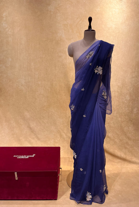 ( DELIVERY IN 25 DAYS ) SHADED PURPLE COLOUR PURE CHIFFON HAND EMBROIDERED SAREE EMBELLISHED WITH ZARDOZI WORK