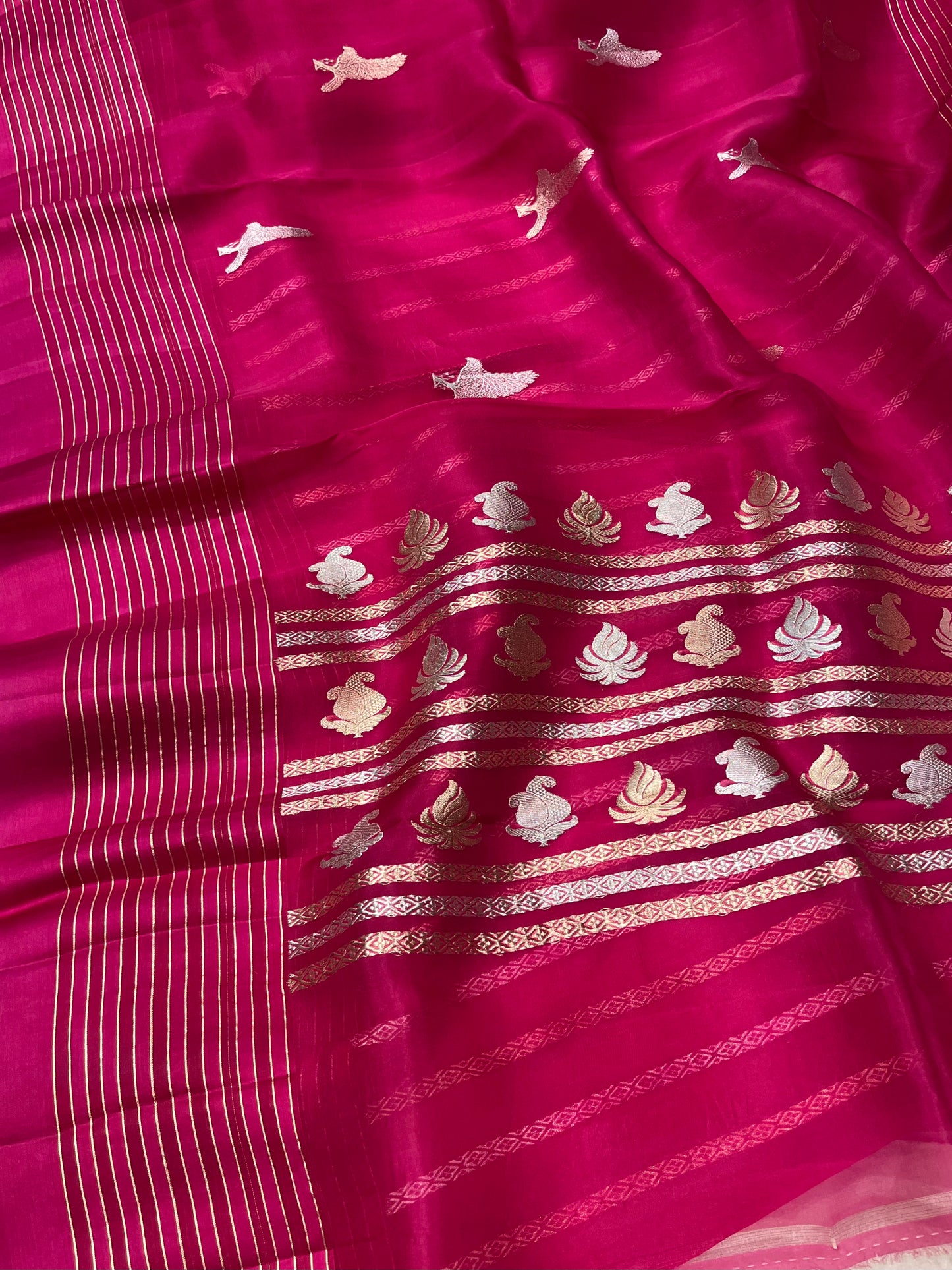 HOT PINK COLOUR PURE ORGANZA BANARASI SAREE EMBELLISHED WITH ZARI WEAVES