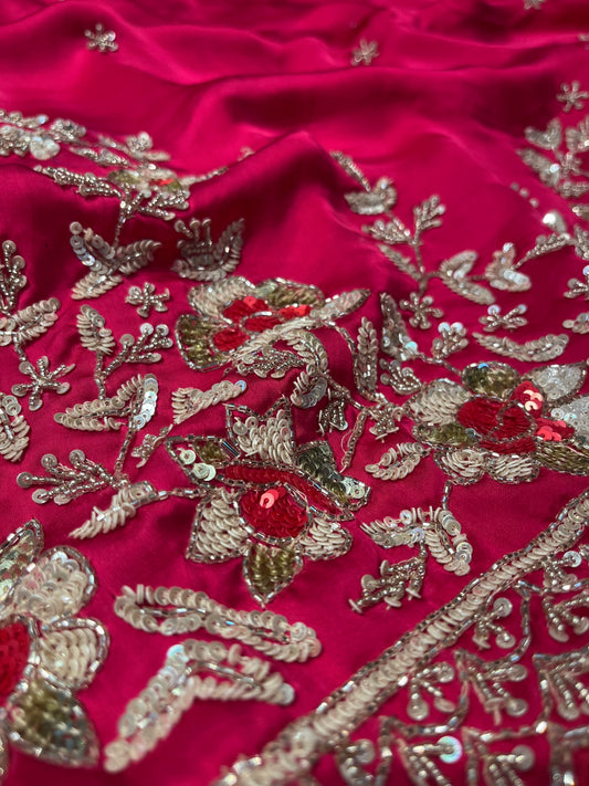 HOT PINK SATIN SILK EMBROIDERED SAREE EMBELLISHED WITH SEQUINS & CUTDANA WORK - Kothari Sons