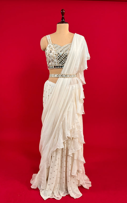 WHITE COLOUR GEORGETTE SHARARA STYLE DRAPE SAREE WITH MIRROR EMBROIDERED READYMADE BLOUSE