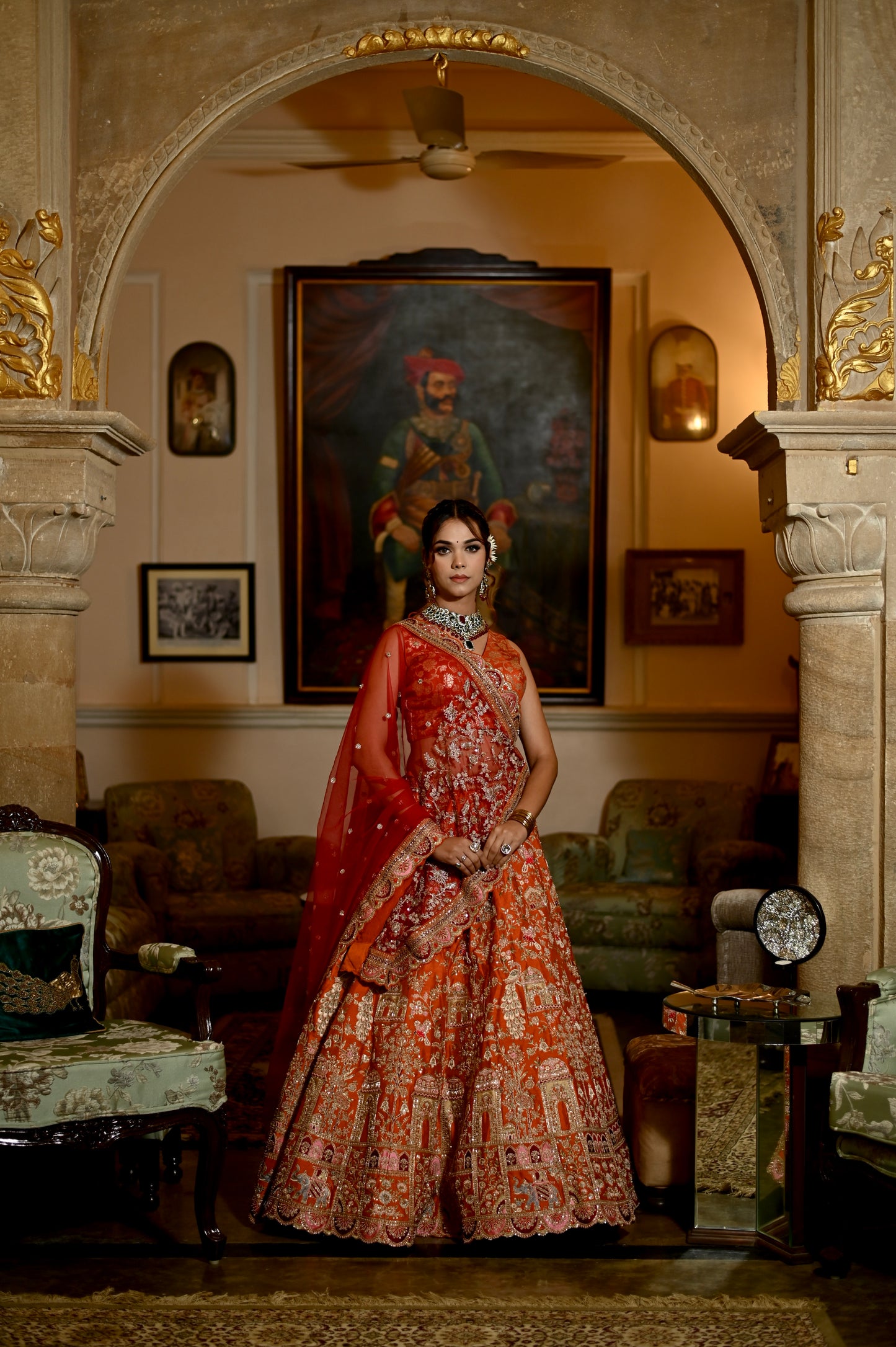 ORANGE COLOUR HAND EMBROIDERD BRIDAL SILK LEHENGA WITH CONTRAST DUPATTA WITH ZARDOZI WORK