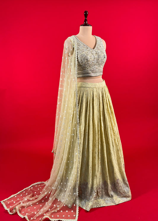 PISTA GREEN COLOR GEORGETTE LEHENGA WITH EMBROIDERED BLOUSE & NET DUPATTA EMBELLISHED WITH MIRROR, SEQUINS & BEADS WORK