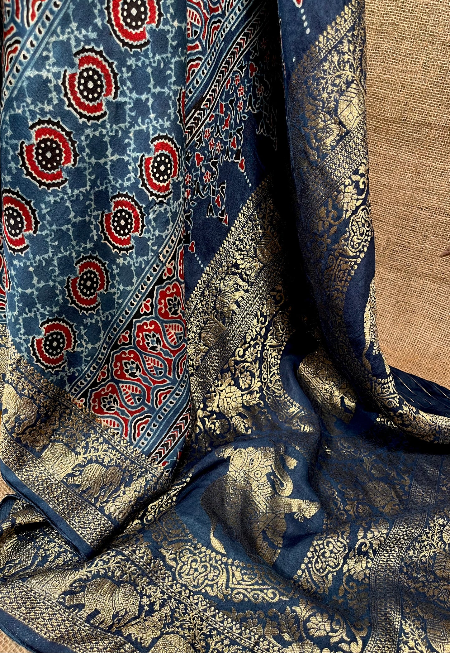 BLUE COLOUR AJRAKH PRINT MODAL SILK SAREE ZARI PALLU & BORDER