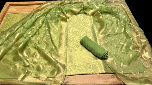 PISTA GREEN BANARASI BROCADE UNSTITCHED SUIT WITH ORGANZA DUPATTA & CREPE BOTTOM