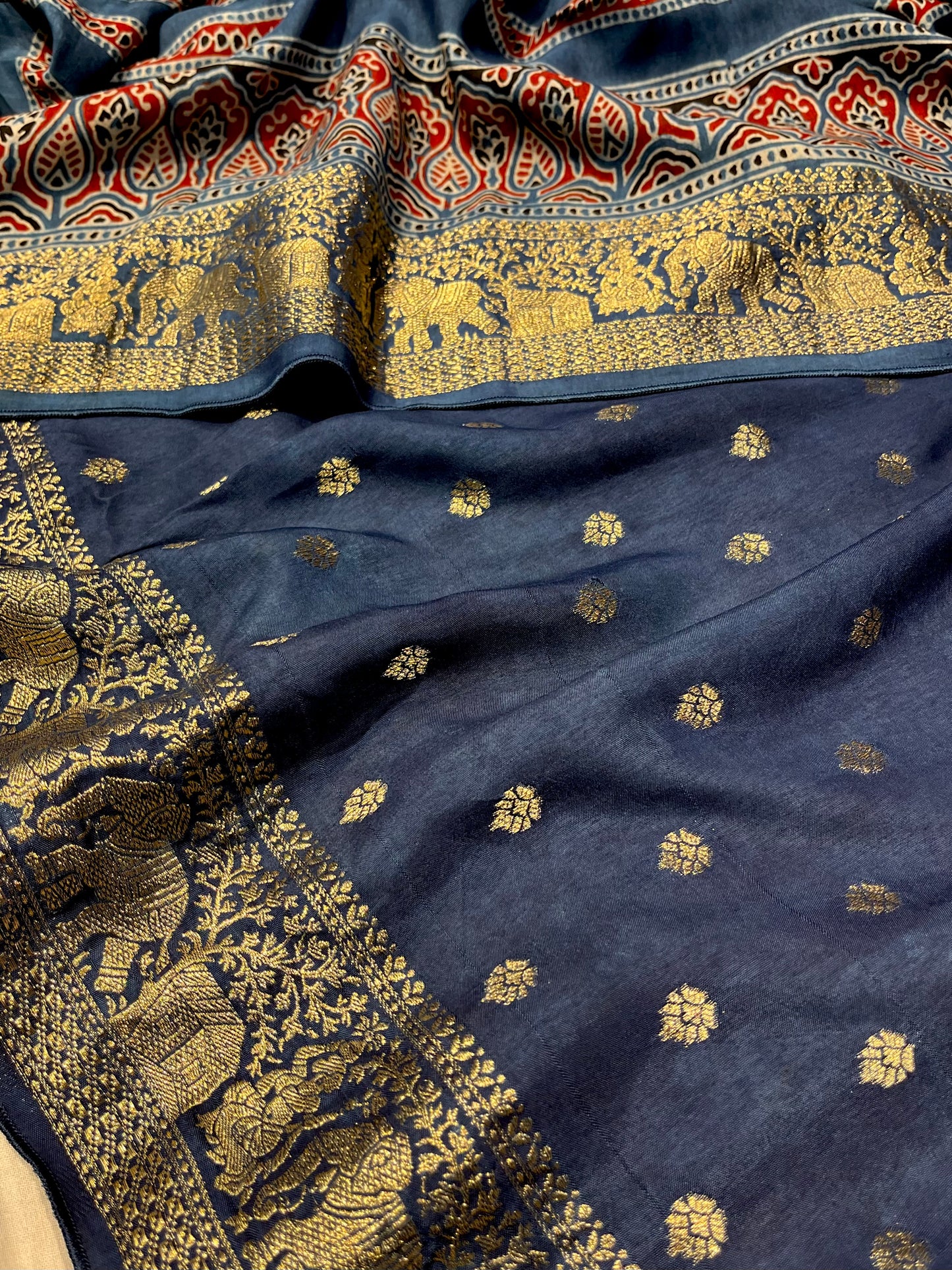 BLUE COLOUR AJRAKH PRINT MODAL SILK SAREE ZARI PALLU & BORDER