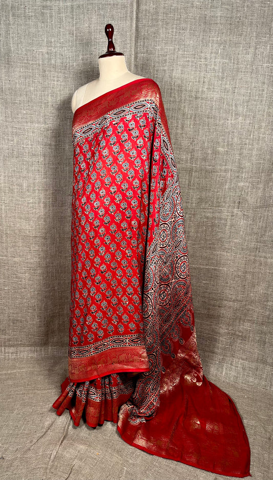 RUST COLOUR MODAL SILK AJRAKH PRINT SAREE ZARI PALLU & BORDER