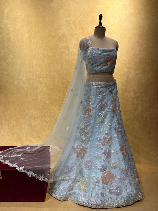 POWDER BLUE COLOUR NET LEHENGA WITH UNSTITCHED BLOUSE EMBELLISHED WITH GOTA PATTI LACE & SEQUINS