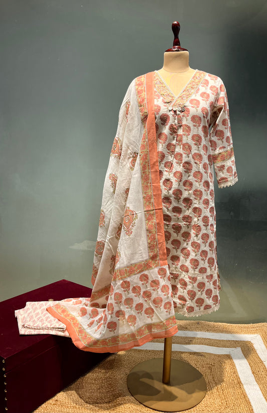 WHITE COLOUR READYMADE COTTON PRINTED SUIT