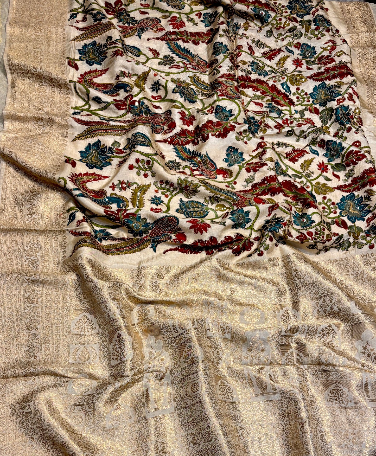 IVORY KALAMKARI KANJIVARAM SAREE WITH EMBROIDERY