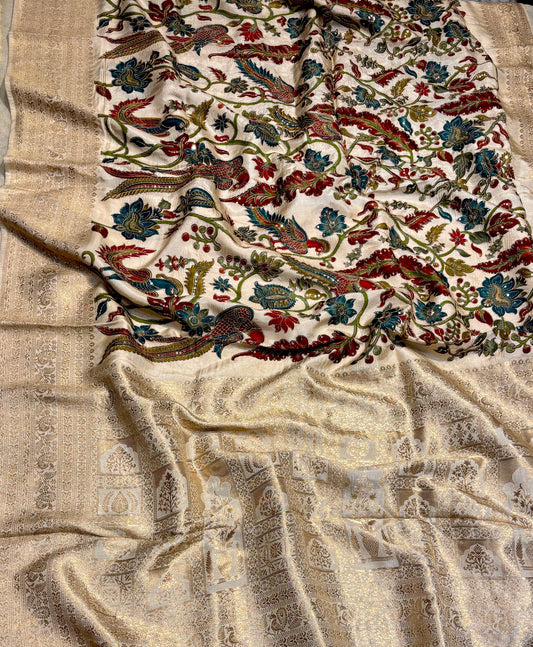 IVORY KALAMKARI KANJIVARAM SAREE WITH EMBROIDERY