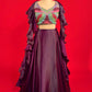 WINE COLOUR SATIN SKIRT WITH EMBROIDERED CROP TOP & RUFFLE DUPATTA EMBELLISHED WITH CUTDANA WORK