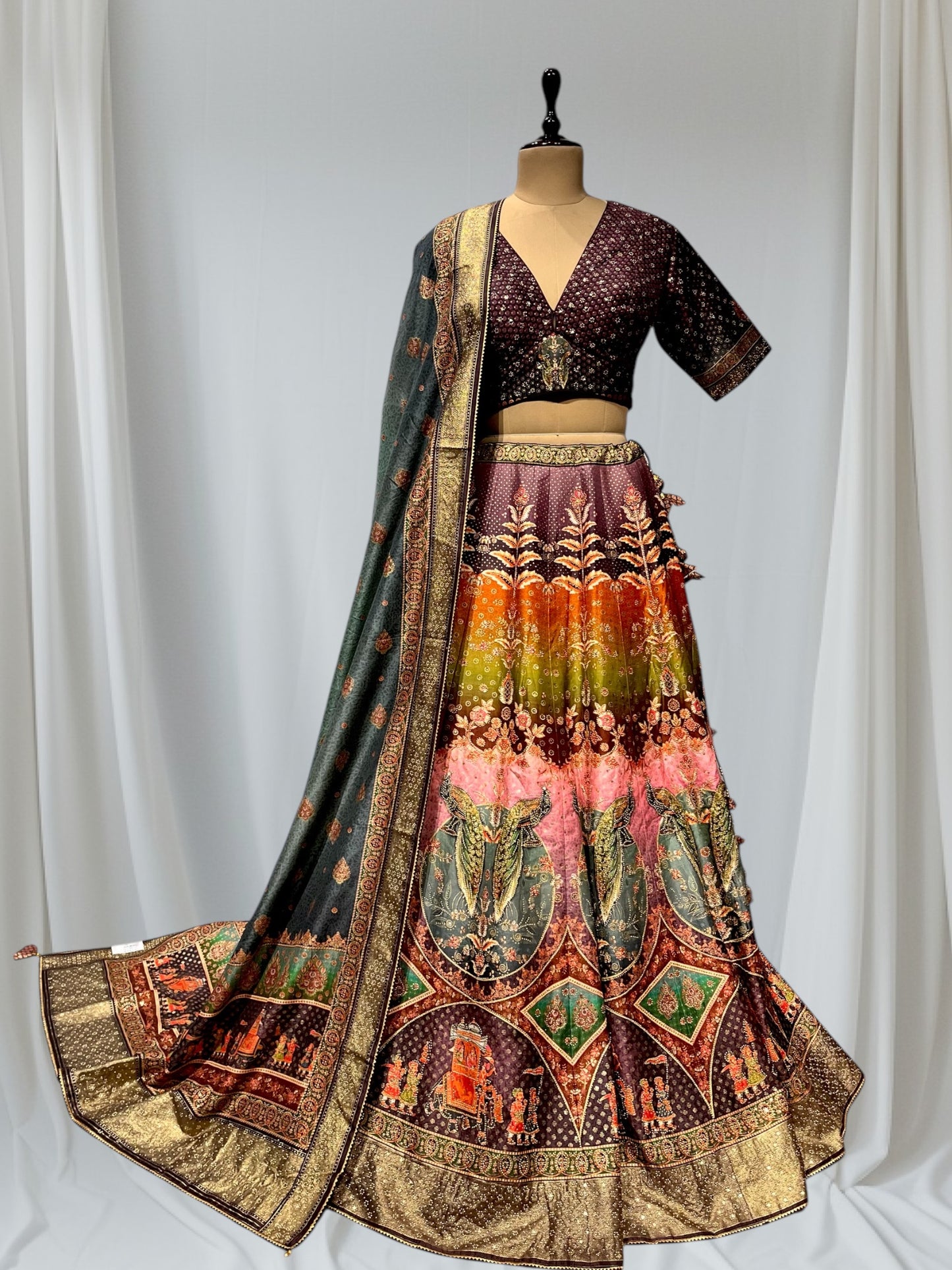 MULTI COLOUR SILK PRINTED LEHENGA WITH READYMADE BLOUSE