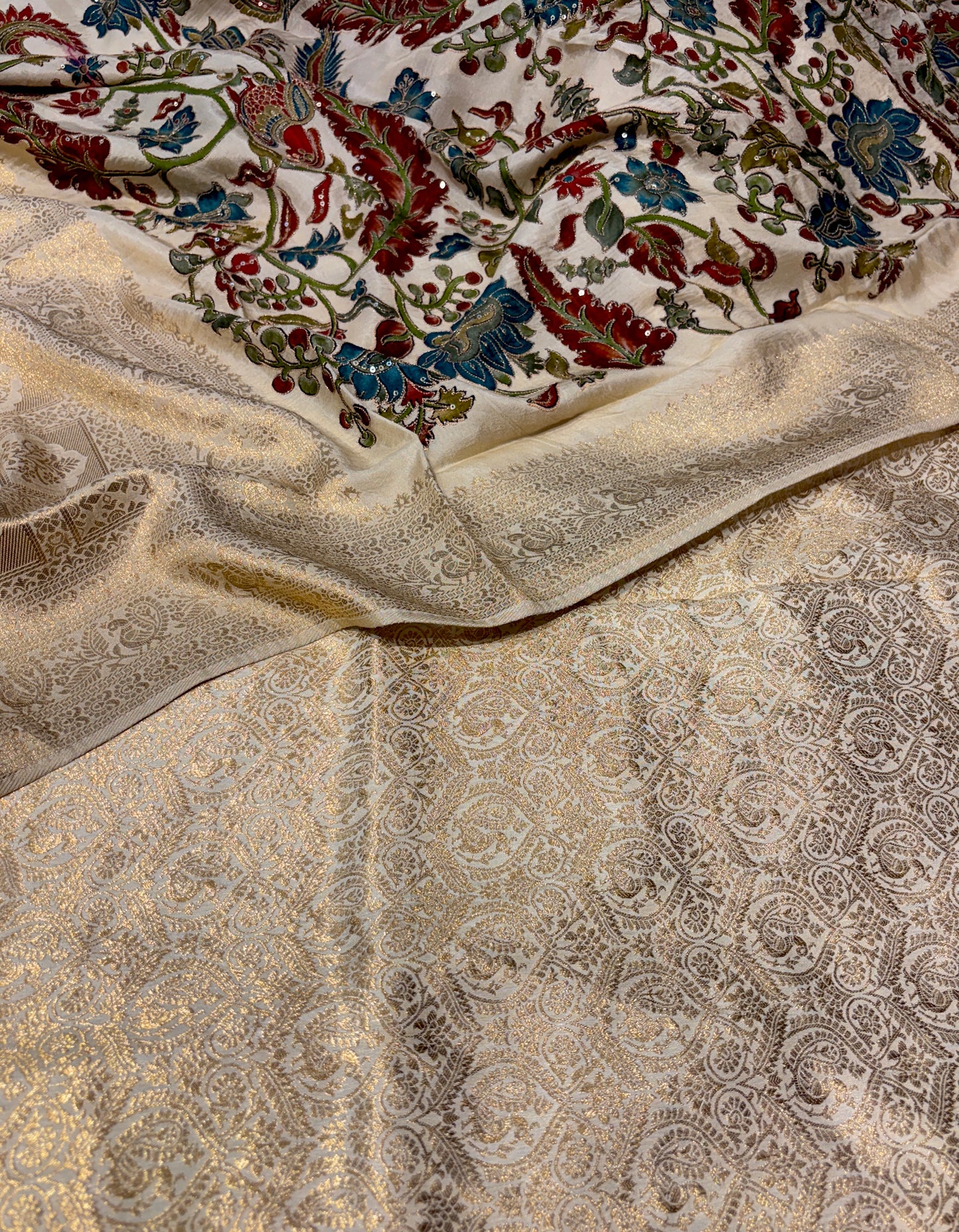 IVORY KALAMKARI KANJIVARAM SAREE WITH EMBROIDERY