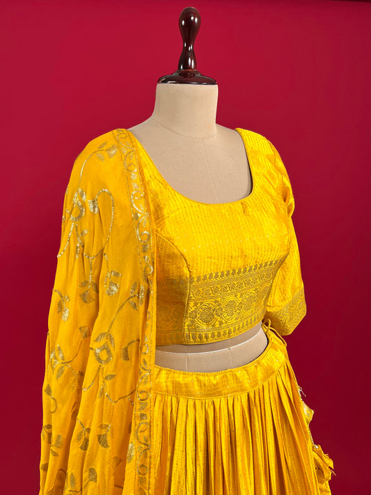 YELLOW COLOUR SATIN SILK LEHENGA WITH READYMADE BLOUSE & CHINON DUPATTA EMBELLISHED WITH SEQUINS WORK