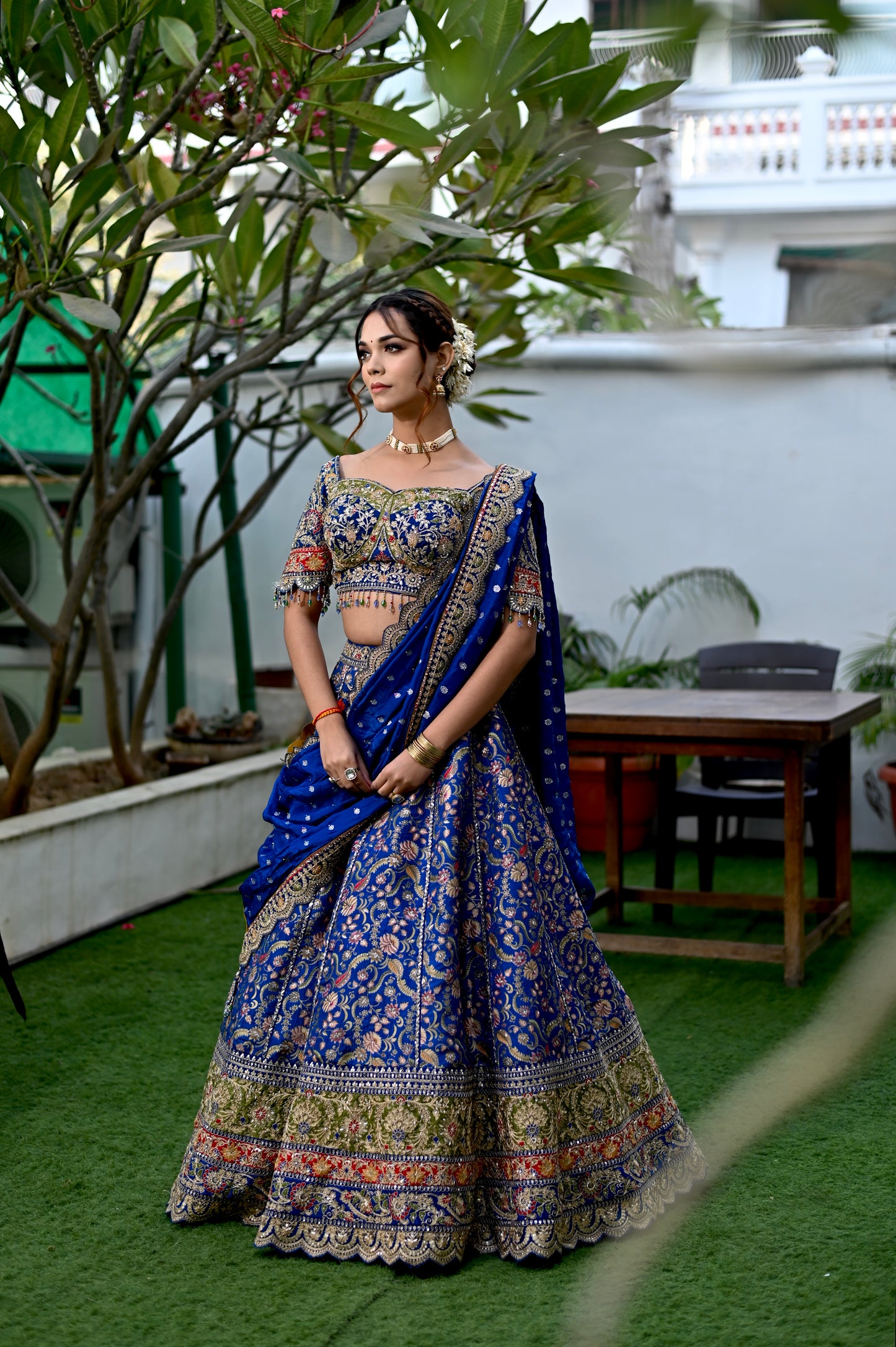 ROYAL BLUE COLOUR BANARASI LEHENGA WITH EMBROIDERED READYMADE BLOUSE & CHINON DUPATTA EMBELLISHED WITH SEQUINS, BEADS & KASAB EMBROIDERY