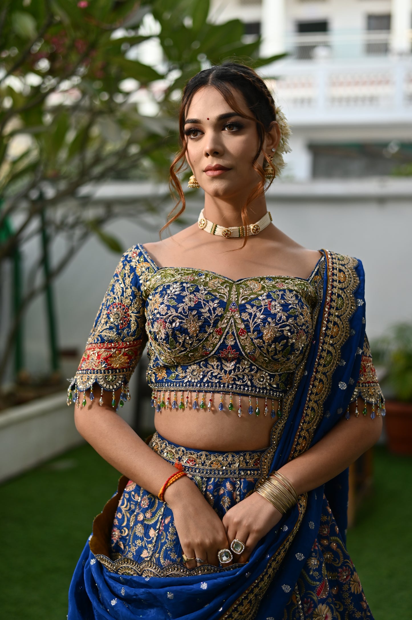 ROYAL BLUE COLOUR BANARASI LEHENGA WITH EMBROIDERED READYMADE BLOUSE & CHINON DUPATTA EMBELLISHED WITH SEQUINS, BEADS & KASAB EMBROIDERY