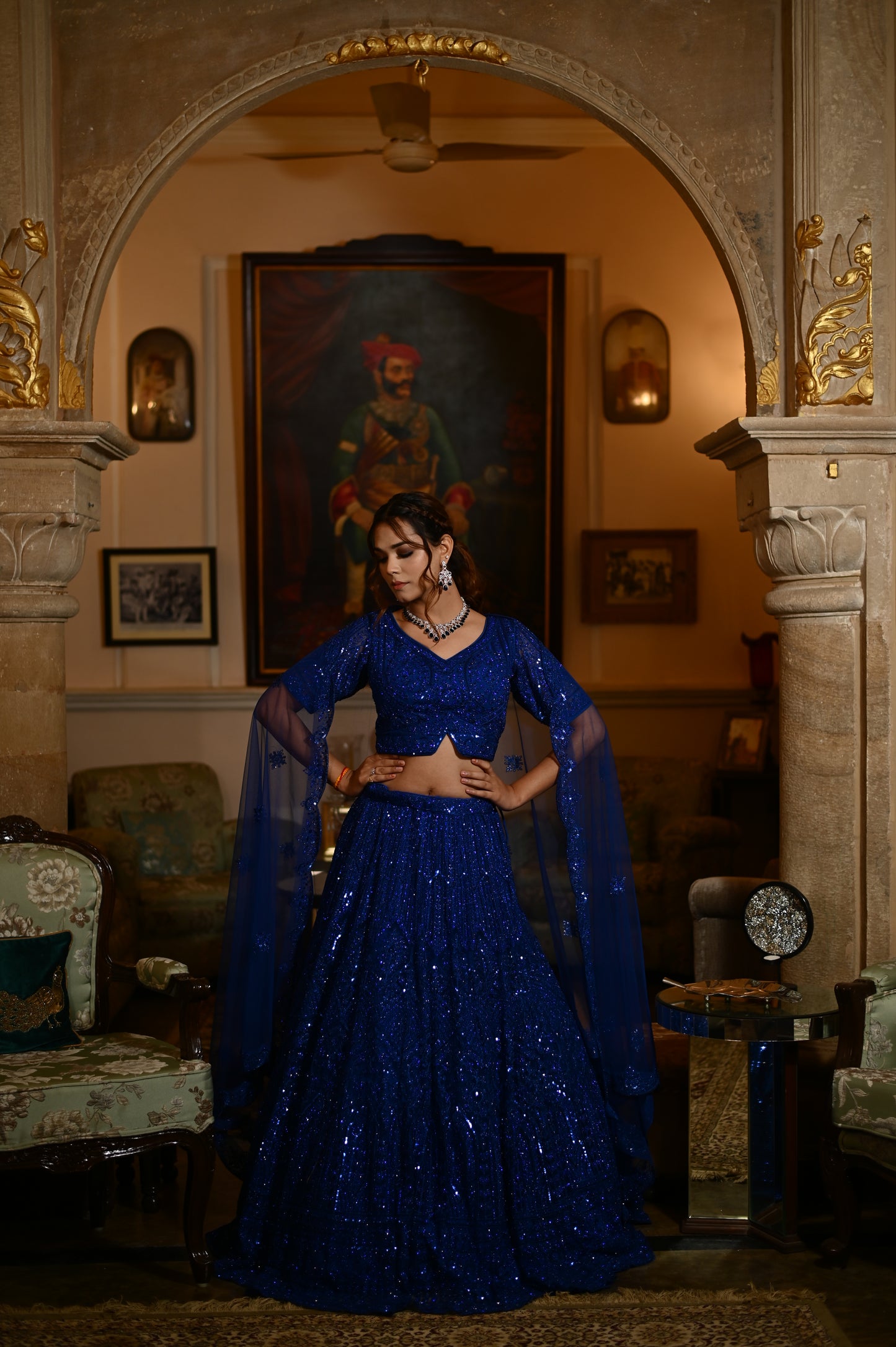 ROYAL BLUE COLOUR NET LEHENGA EMBELLISHED WITH SEQUINS  KUNDUN & RESHAM WORK