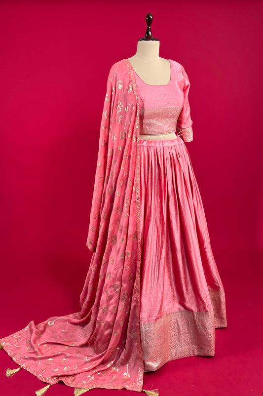 PINK COLOUR SATIN SILK LEHENGA WITH  READYMADE BLOUSE & CHINON EMBROIDERED DUPATTA EMBELLISHED WITH SEQUINS WORK