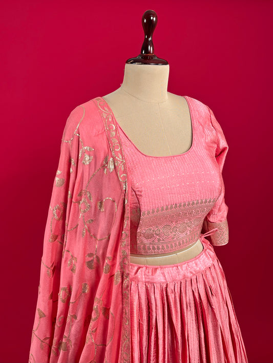 PINK COLOUR SATIN SILK LEHENGA WITH  READYMADE BLOUSE & CHINON EMBROIDERED DUPATTA EMBELLISHED WITH SEQUINS WORK
