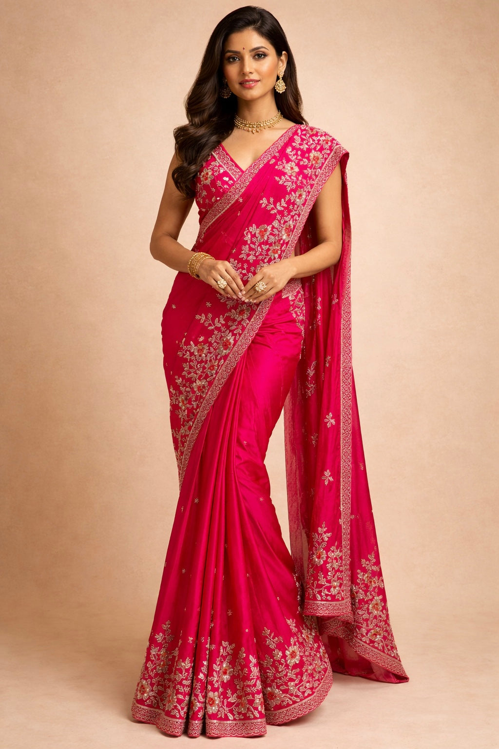 HOT PINK SATIN SILK EMBROIDERED SAREE EMBELLISHED WITH SEQUINS & CUTDANA WORK - Kothari Sons
