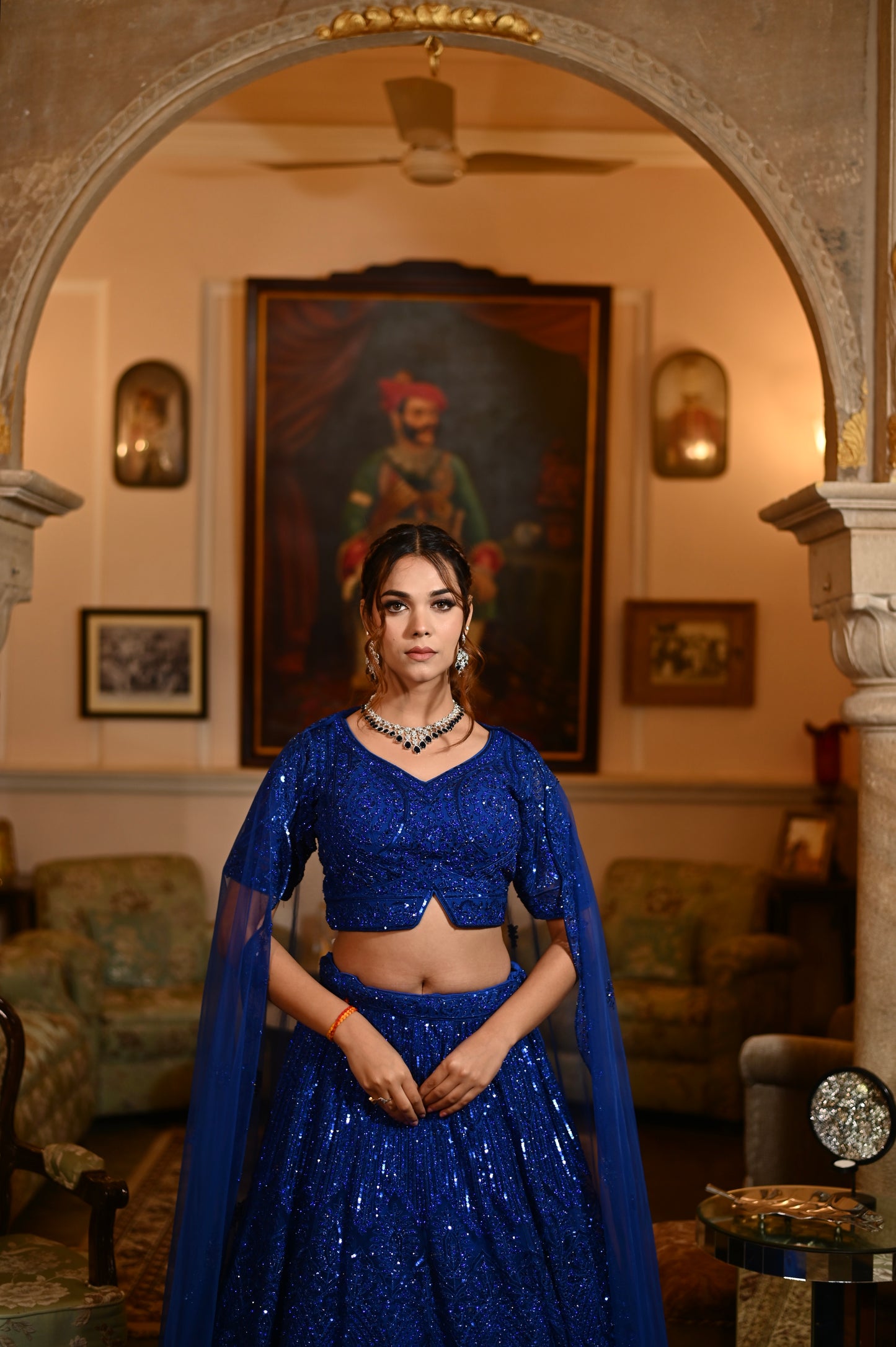 ROYAL BLUE COLOUR NET LEHENGA EMBELLISHED WITH SEQUINS  KUNDUN & RESHAM WORK