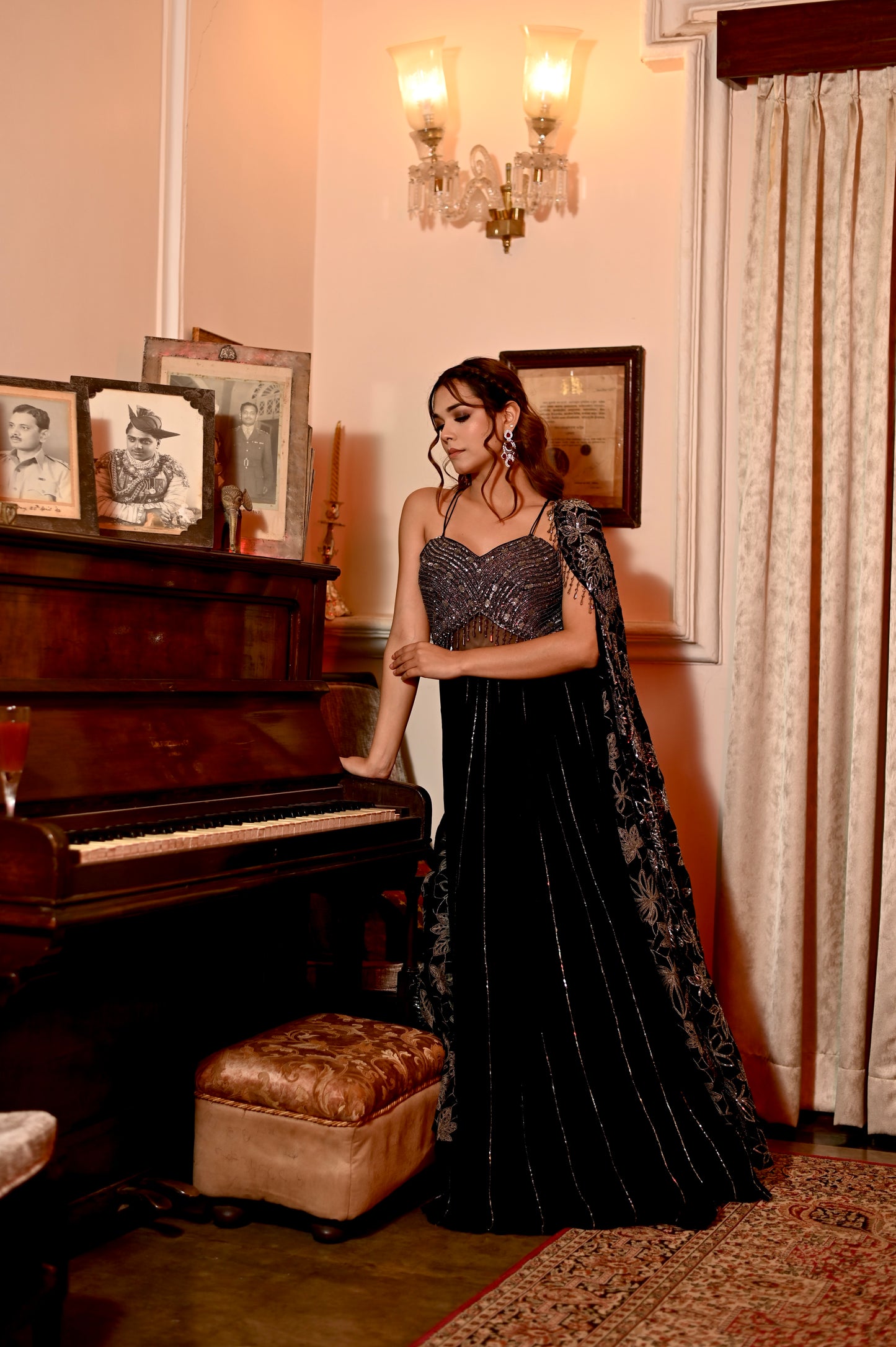 BLACK COLOUR EMBROIDERED CHINON GOWN WITH SHRUG EMBELLISHED WITH SEQUINS & BEADS WORK