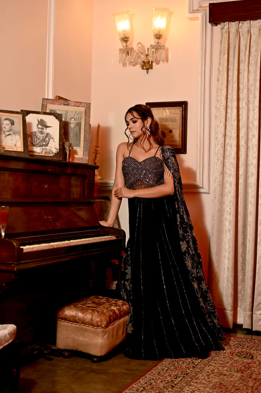 BLACK COLOUR EMBROIDERED CHINON GOWN WITH SHRUG EMBELLISHED WITH SEQUINS & BEADS WORK