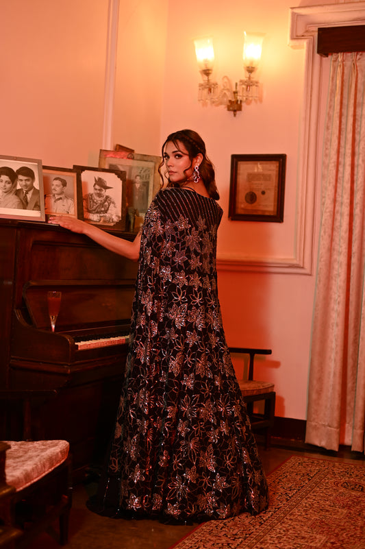 BLACK COLOUR EMBROIDERED CHINON GOWN WITH SHRUG EMBELLISHED WITH SEQUINS & BEADS WORK