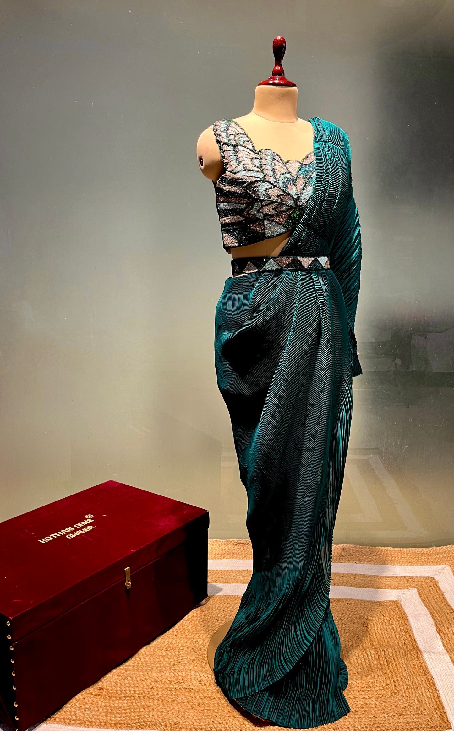 ( DELIVERY IN 25 DAYS ) RAMA GREEN COLOUR READYMADE PLEATED SAREE WITH DESIGNER BLOUSE