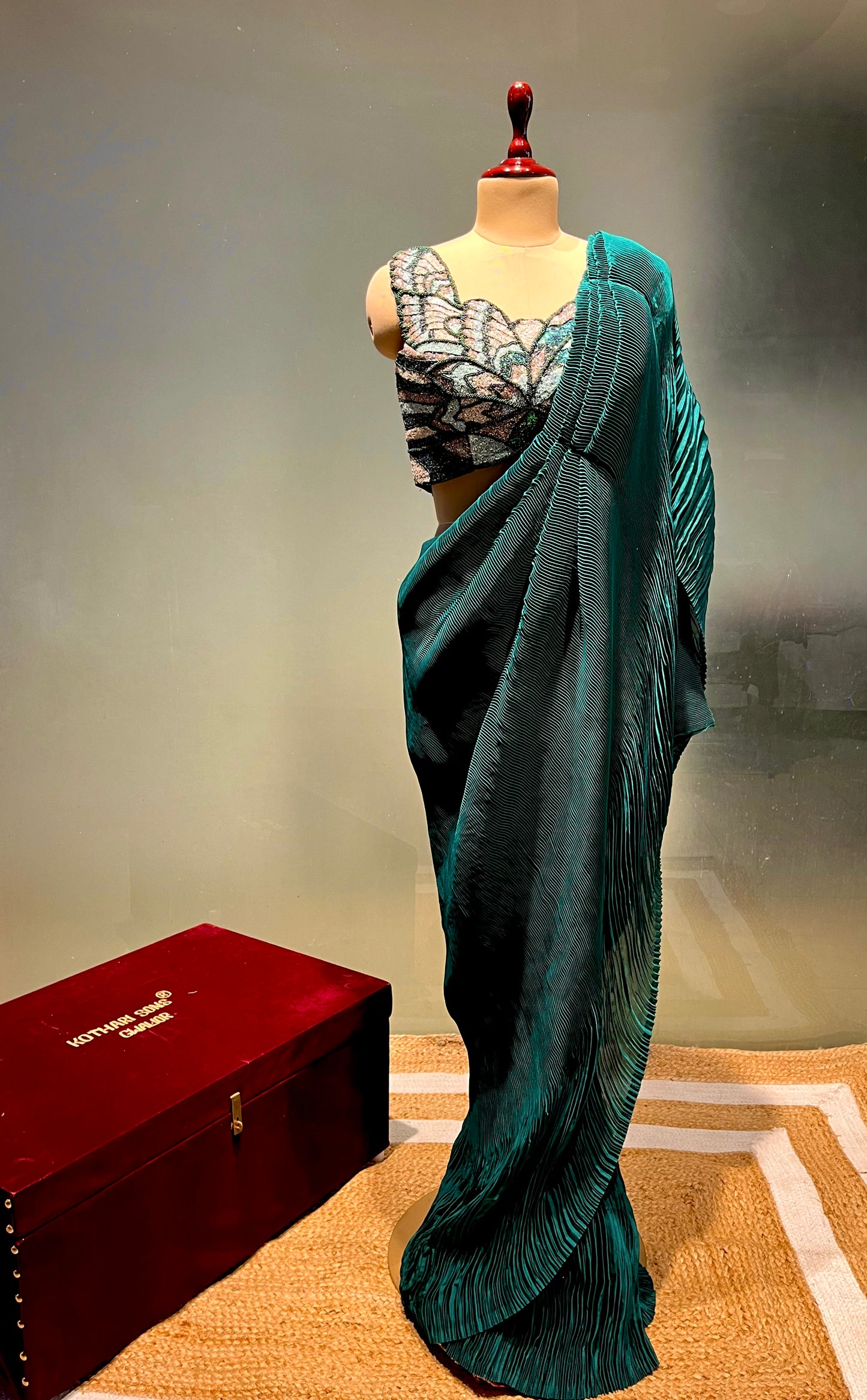 ( DELIVERY IN 25 DAYS ) RAMA GREEN COLOUR READYMADE PLEATED SAREE WITH DESIGNER BLOUSE