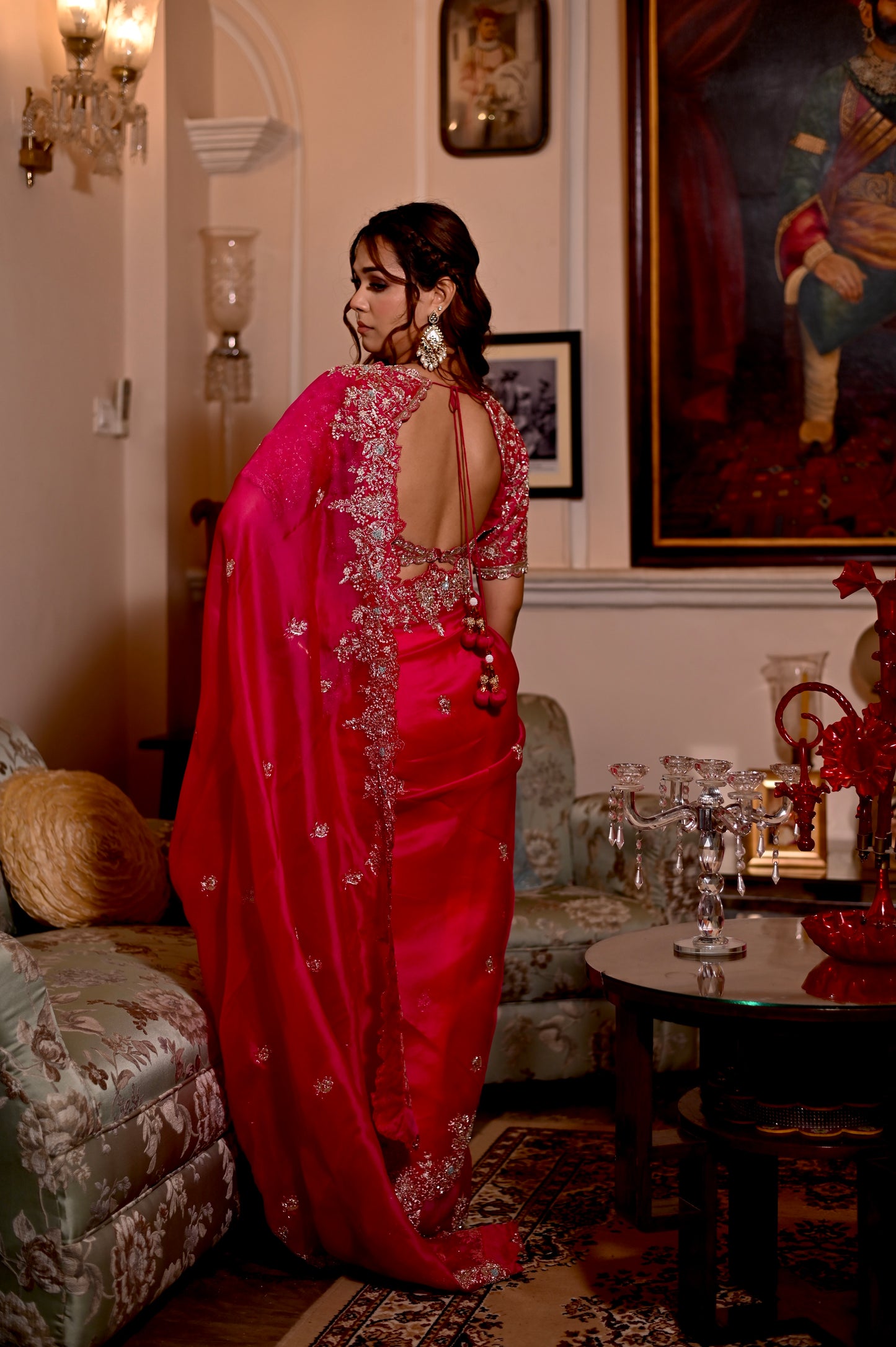 EXQUISITE HOT PINK COLOUR PURE ORGANZA SAREE WITH READYMADE BLOUSE EMBELLISHED WITH  ZARDOZI, SEQUINS & BEADS WORK