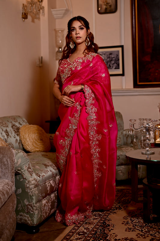 EXQUISITE HOT PINK COLOUR PURE ORGANZA SAREE WITH READYMADE BLOUSE EMBELLISHED WITH  ZARDOZI, SEQUINS & BEADS WORK