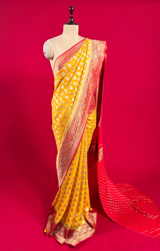 ( DELIVERY IN 25 DAYS ) MUSTARD COLOUR GEORGETTE KHADDI BANARASI SAREE EMBELLISHED WITH CONTRAST BORDER & ZARI WEAVES