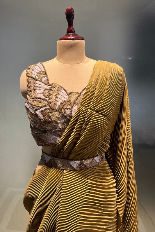 OLIVE COLOUR PLEATED READYMADE SAREE WITH DESIGNER EMBROIDERED BLOUSE