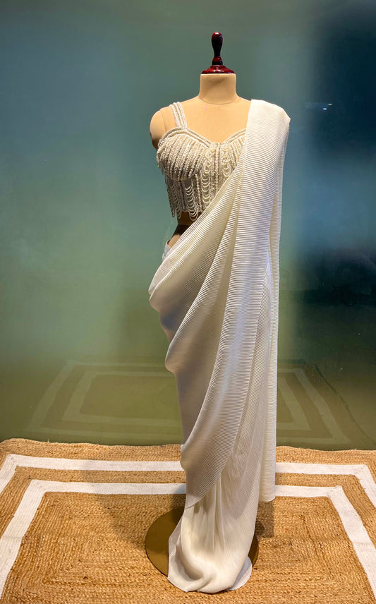 IVORY COLOUR PLEATED READYMADE SAREE WITH DESIGNER EMBROIDERED BLOUSE